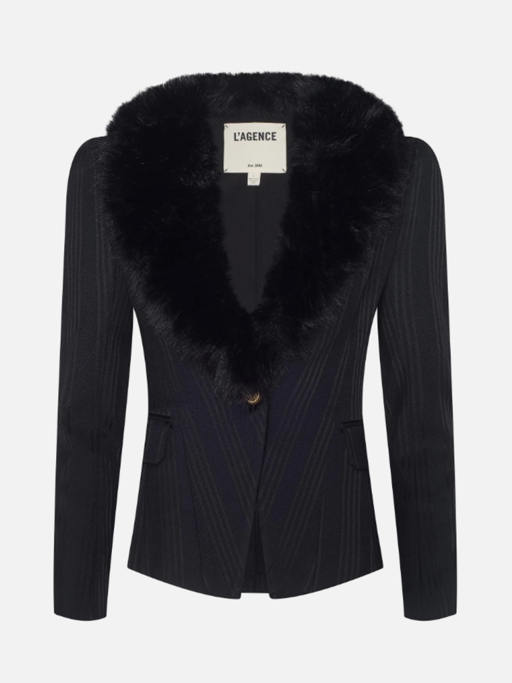 L’AGENCE Kaisley Black Faux-Fur Collar Striped Blazer NWT